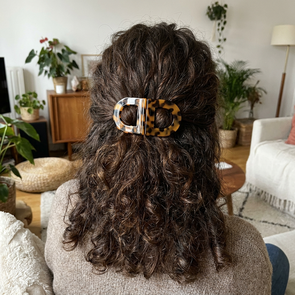 Klipix avis cliente — vue de dos, cheveux bouclés, pince léopard